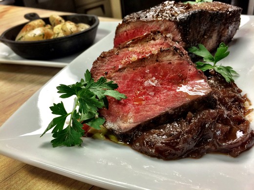 Roasted NY Steak with Caramelized Onion Jam and Crispy Fingerling Potatoes