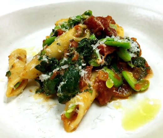 Penne Pasta with Swiss Chard, Fava Beans and Anchovy-Tomato Sugo