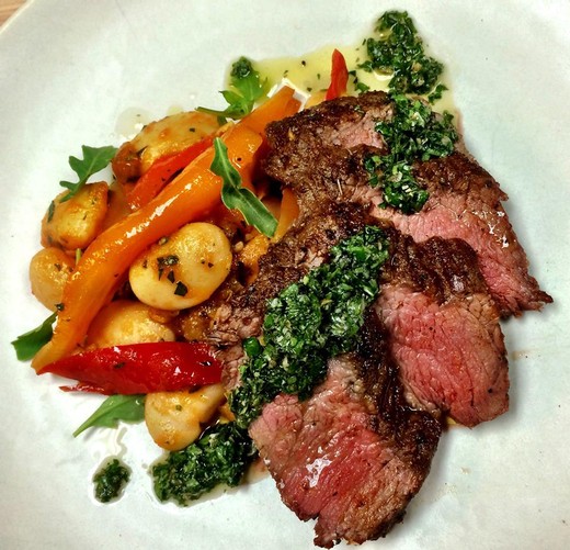 Grilled Bistro Steak with Chimichurri & Corona Bean and Summer Pepper Ragout